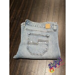 Mudd Women's Blue Flare Bootcut Faded Jeans Bedazzle Embroidered 90s Size 34x32
